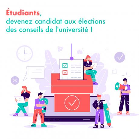 Image d'illustration aux couleurs flashy, plusieurs étudiants autour d'une urne de vote, des icônes d'horloge, de bulle de conversation autour d'eux